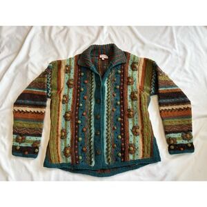 NEWARI Women's Large/XL Hand Knit 100% Wool Green Teal 3D Cardigan Sweater